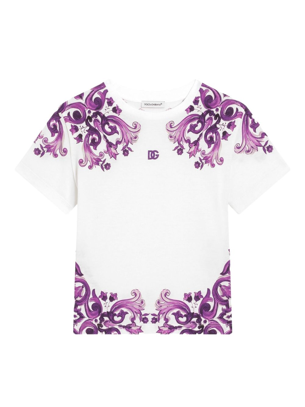 T-shirt per bambina Dolce & Gabbana Kids bianco con stampa maioliche L5JTNK II7H3 I23TN DOLCE & GABBANA KIDS
