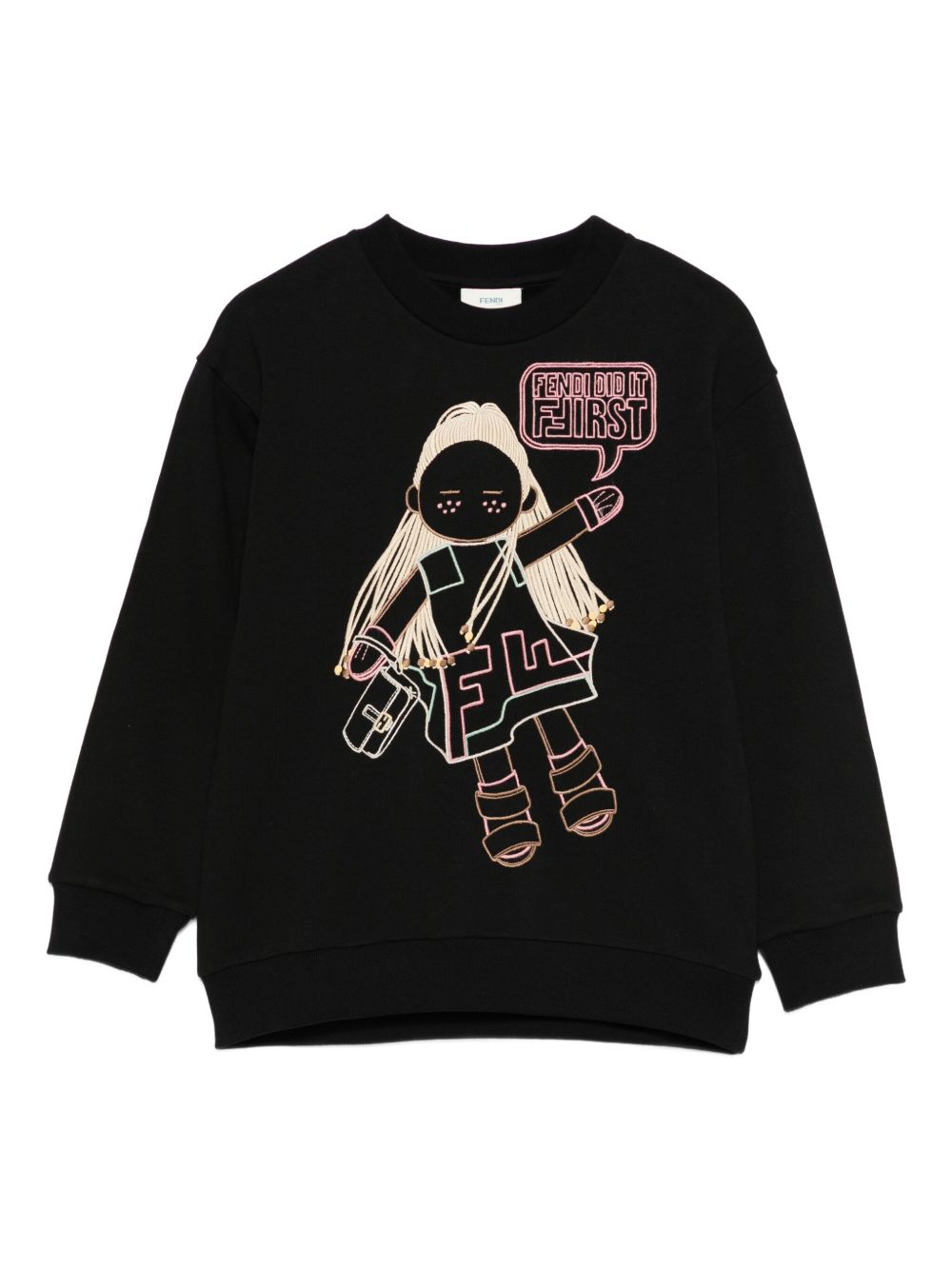 Felpa per bambina Fendi Kids nera con motivo bambola JFH161 5V0 F0GME FENDI KIDS