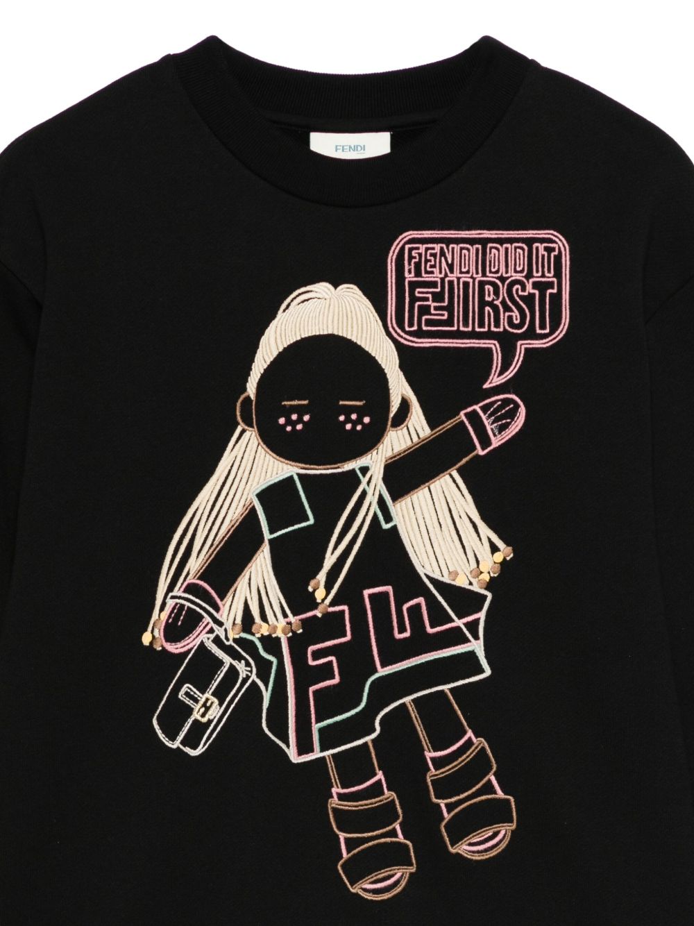 Felpa per bambina Fendi Kids nera con motivo bambola JFH161 5V0 F0GME FENDI KIDS