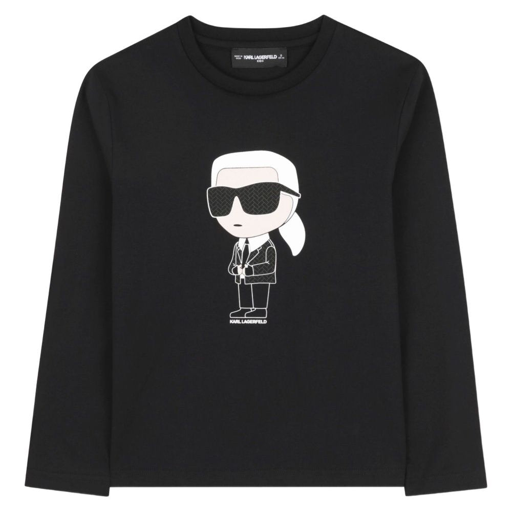T-shirt per bambino Karl Lagerfeld Kids nera con stampa Ikonik Karl e dettagli con logo sulla pelle Z30953 09B KARL LAGERFELD KIDS