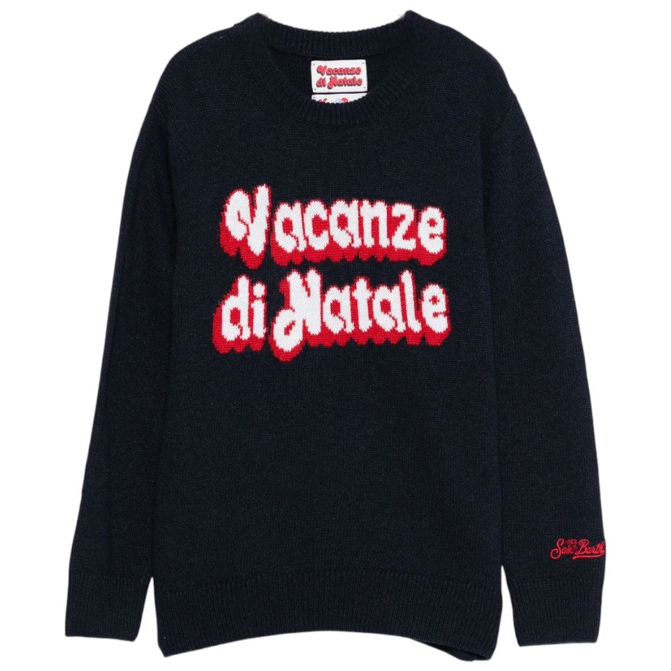Maglione per bambino MC2 Saint Barth Kids blu con scritta "Vacanze di Natale" DOU0001 00013I MC2 ST. BARTH KIDS
