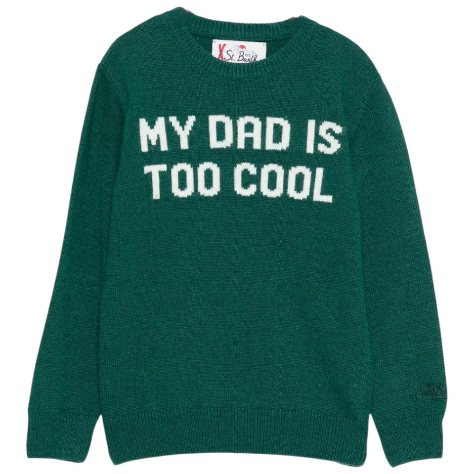 Maglione Douglas per bambino MC2 Saint Barth verde con scritta jacquard "My dad is too cool" DOU0001 01606I MC2 ST. BARTH KIDS