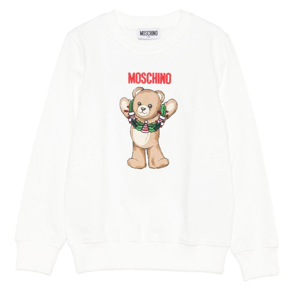 Felpa per bambini Moschino Kids bianca con stampa orsetto HQF08VLCA14 10063 MOSCHINO KIDS