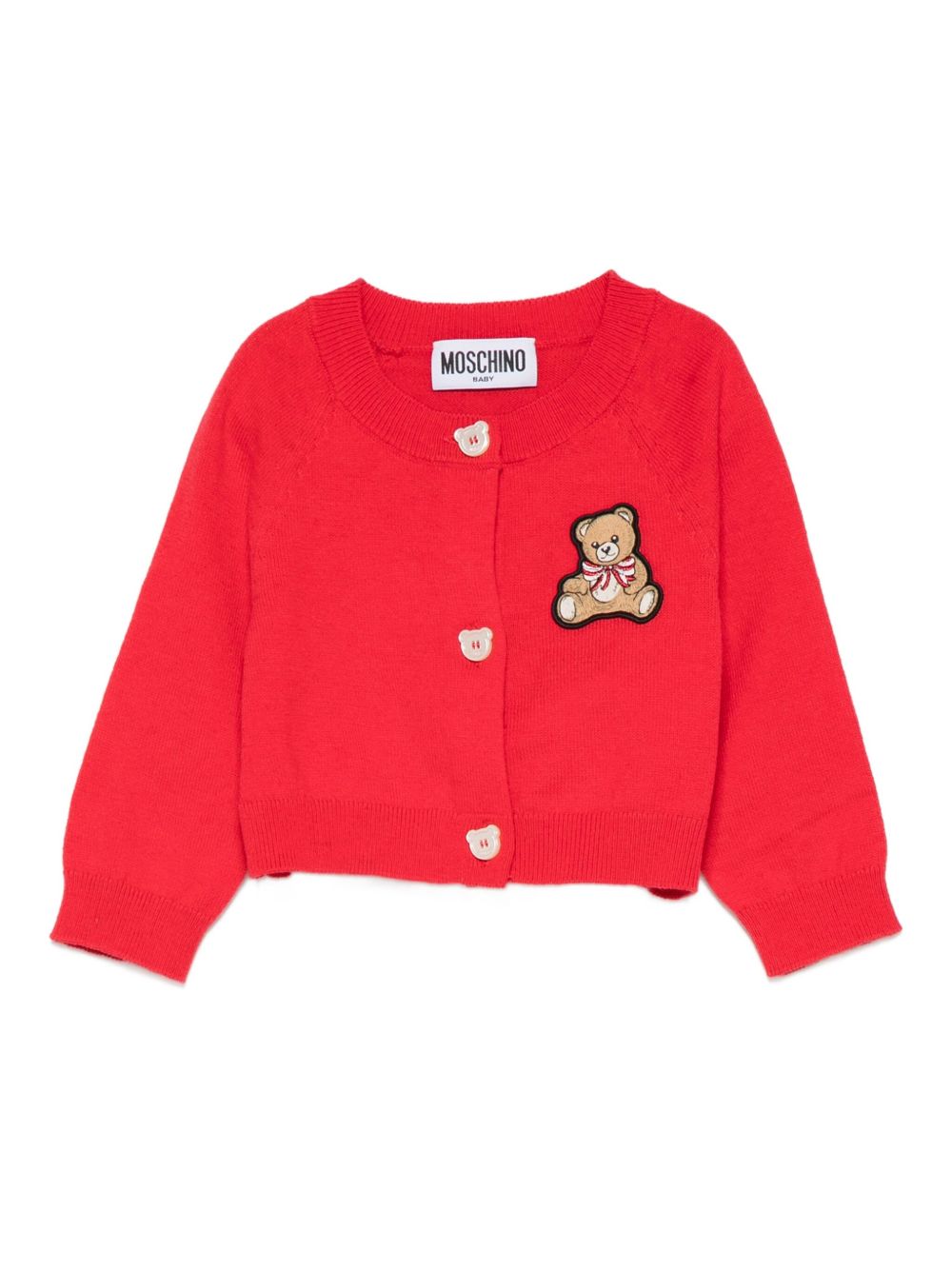 Cardigan per neonata Moschino Kids rosso con applicazione Teddy Bear MDW015LHE66 50109 MOSCHINO KIDS