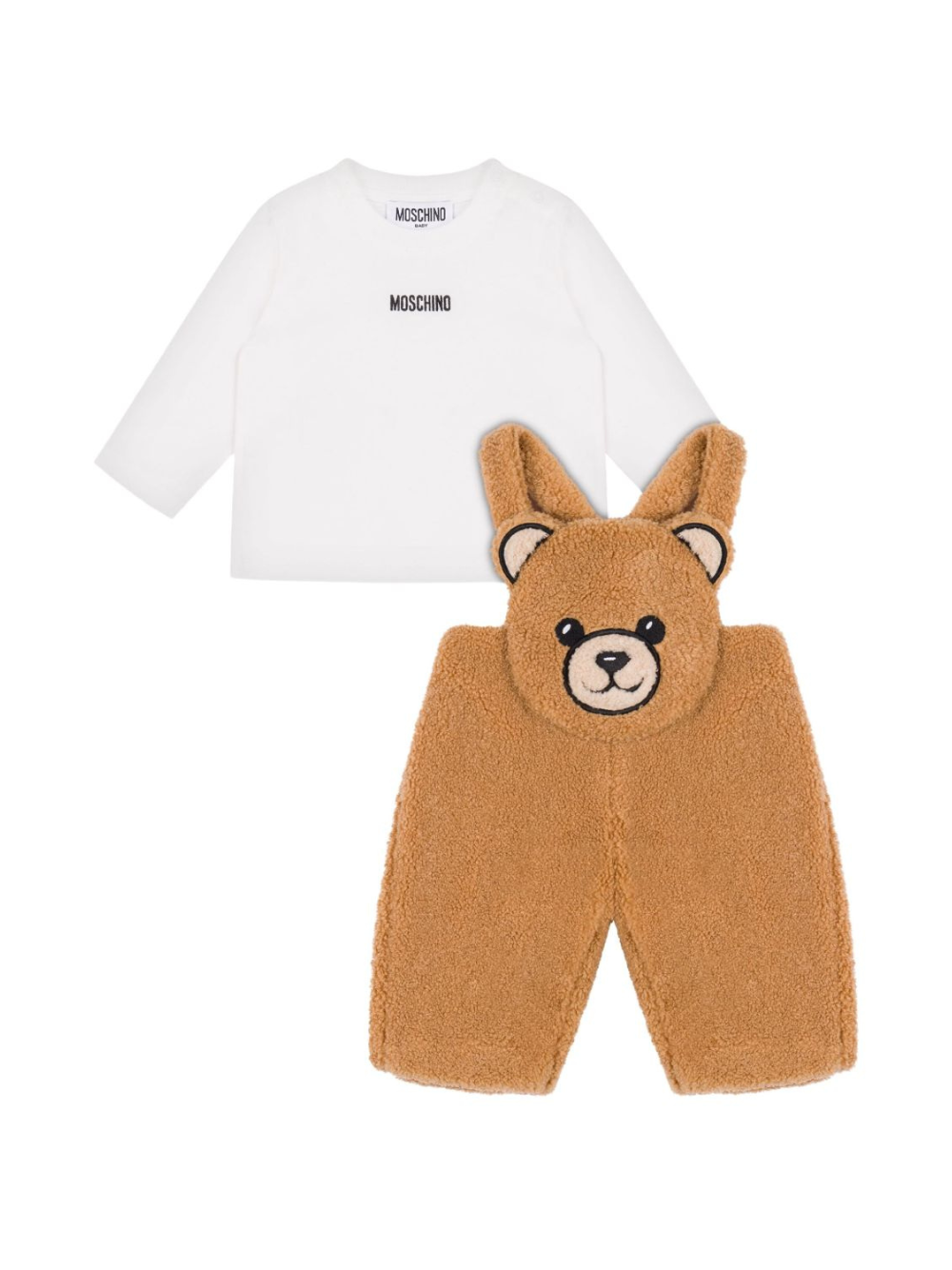 Set salopette e t-shirt per neonato Moschino Kids bianco e marrone con applicazione con orso MUK058LIA00 20351 MOSCHINO KIDS