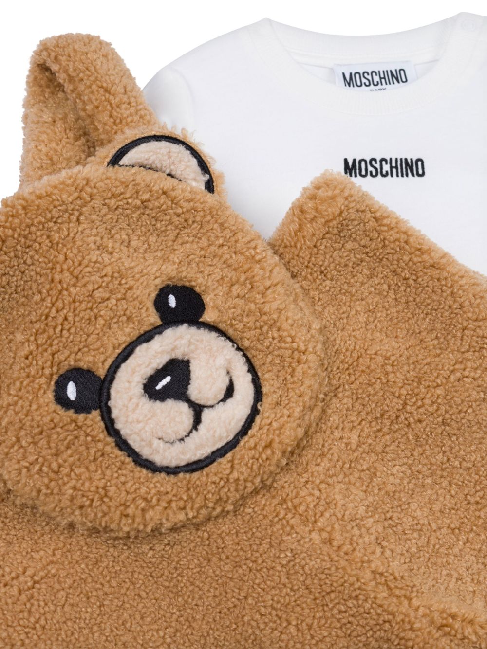 Set salopette e t-shirt per neonato Moschino Kids bianco e marrone con applicazione con orso MUK058LIA00 20351 MOSCHINO KIDS