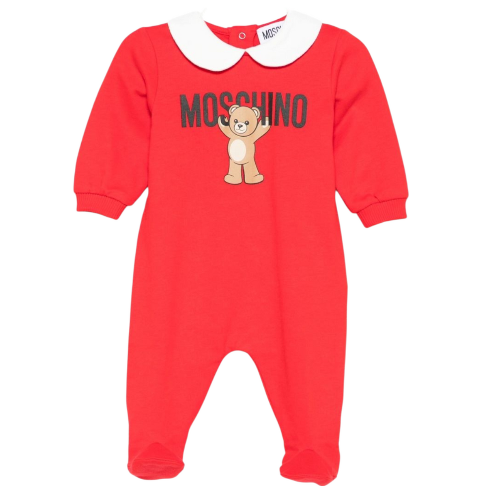 Pigiama per neonati Moschino Kids rosso con stampa Teddy e colletto alla Peter Pan MXY037LCA40 50109 MOSCHINO KIDS