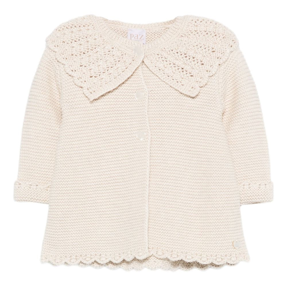 Cardigan per neonata Paz Rodríguez beige con colletto all'uncinetto 009-123100 73 H94 PaZ RODRIGUEZ KIDS