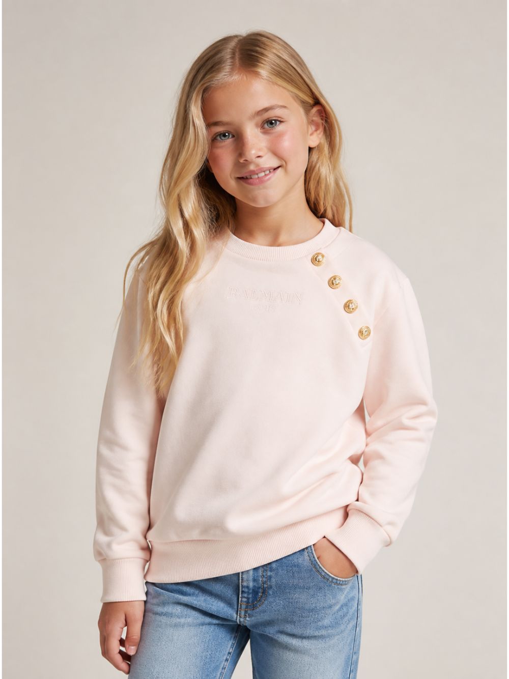 Felpa per bambina Balmain Kids rosa con bottoni decorati BZ4B30 Z3183 508OR BALMAIN KIDS