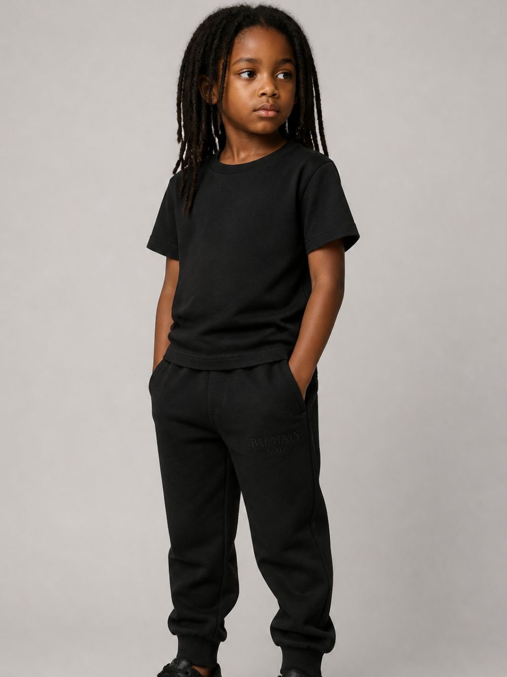 Pantaloni per bambino Balmain Kids neri con logo ricamato sul davanti BZ6I00 Z3183 930 BALMAIN KIDS