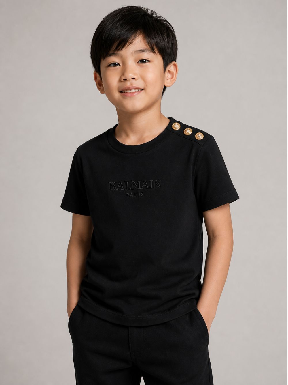 T-shirt per bambini Balmain Kids nera con dettaglio bottoni sulla spalla BZ8I81 Z3672 930OR BALMAIN KIDS