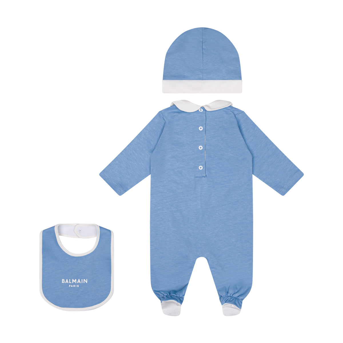 Set tutina cappellino e bavaglino per neonato Balmain Kids azzurro con logo stampato sul davanti BZB310 Z3672 60CAV BALMAIN KIDS