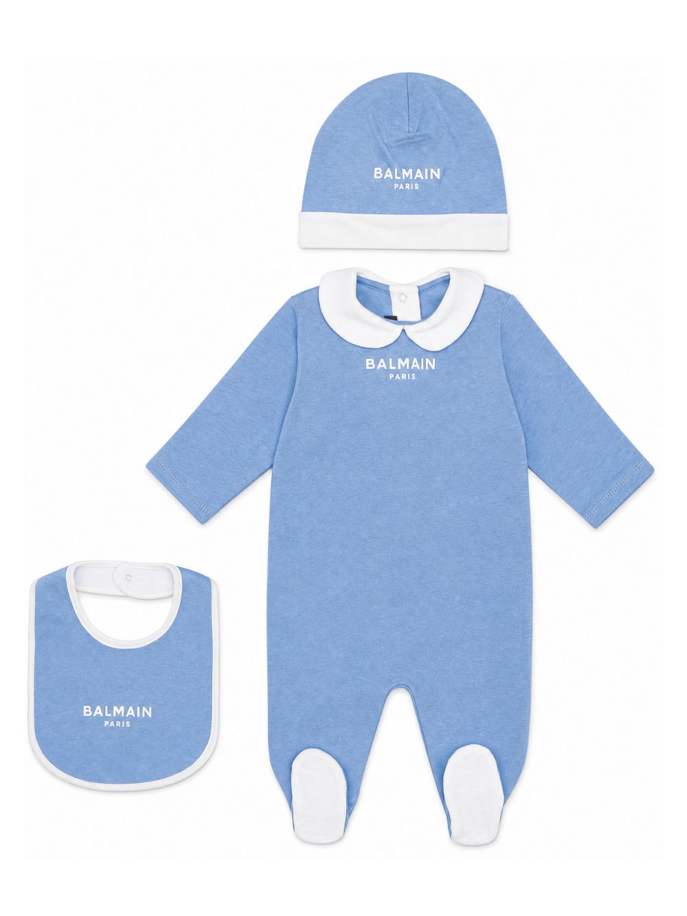 Set tutina cappellino e bavaglino per neonato Balmain Kids azzurro con logo stampato sul davanti BZB310 Z3672 60CAV BALMAIN KIDS
