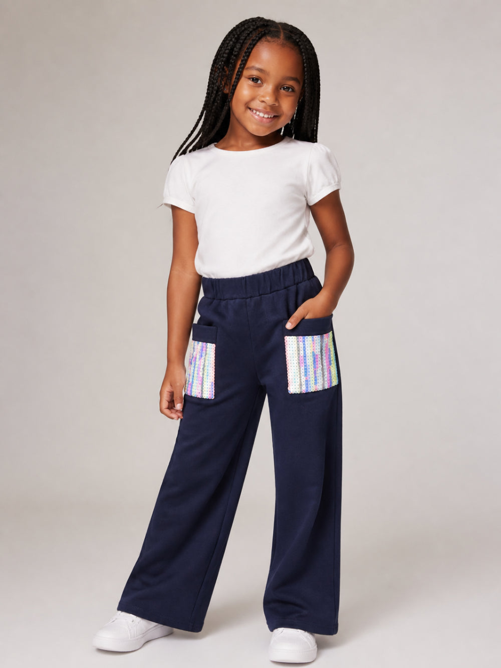 Pantaloni per bambina Billieblush Kids blu a gamba ampia con paillettes U22420 85T BILLIEBLUSH KIDS