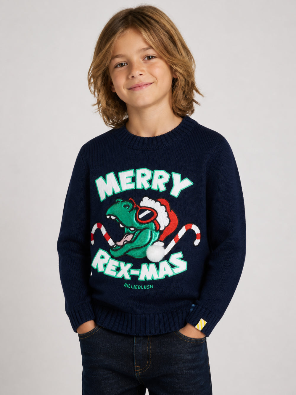 Maglione per bambino Billieblush Kids blu con scritta "Merry Rex-mas" U22464 85T BILLIEBLUSH KIDS