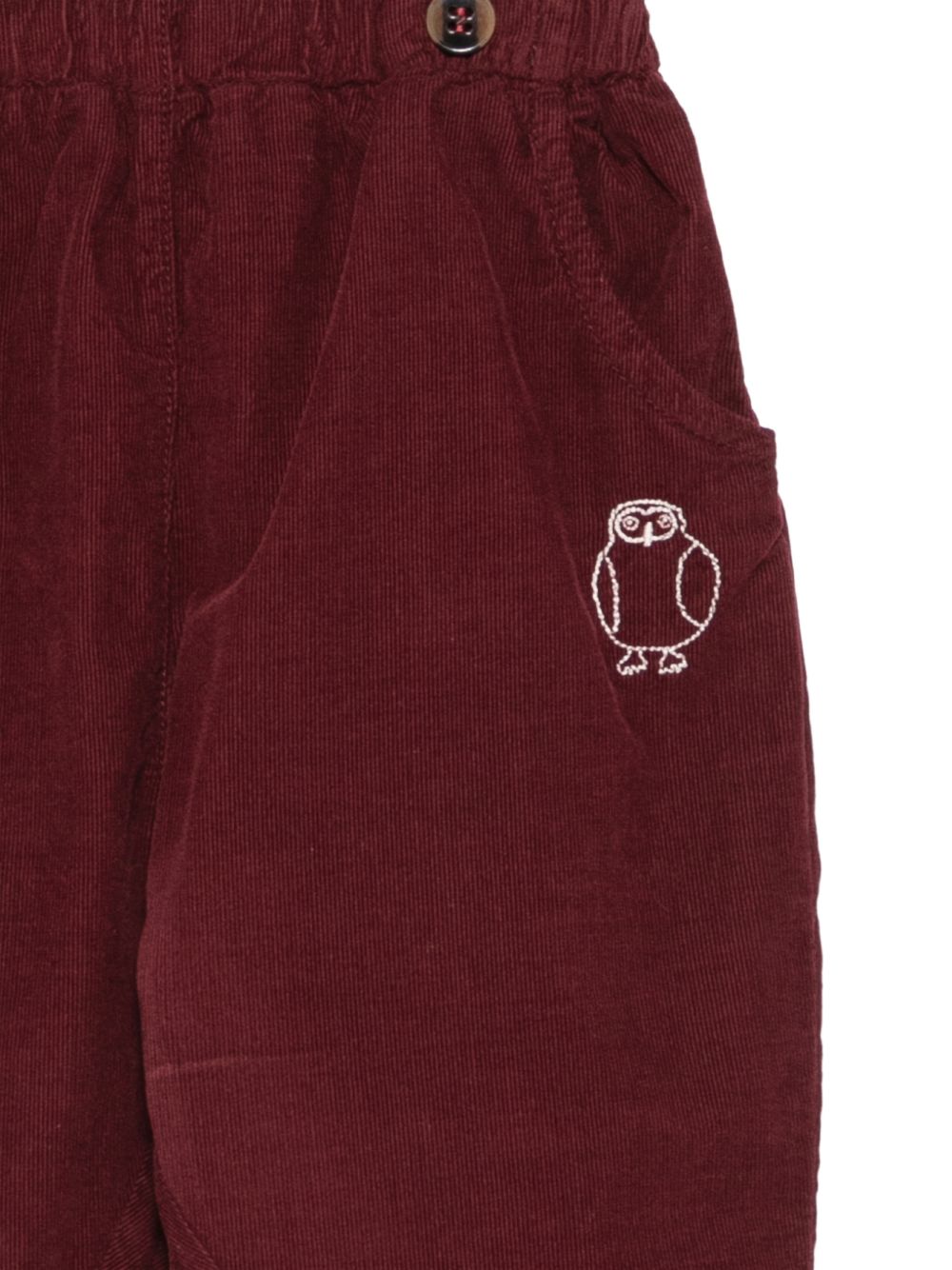 Pantaloni in velluto per neonato Bobo Choses Kids bordeaux con ricamo a gufo sul davanti B226AB107 641 BOBO CHOSES KIDS