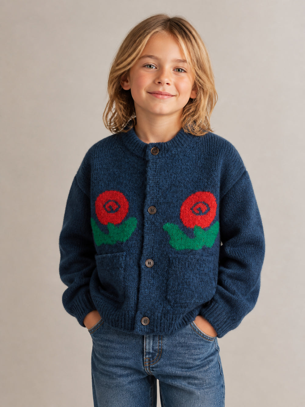 Maglione per bambino Bobo Choses Kids blu con motivo a fiori jacquard B226AC091 401 BOBO CHOSES KIDS