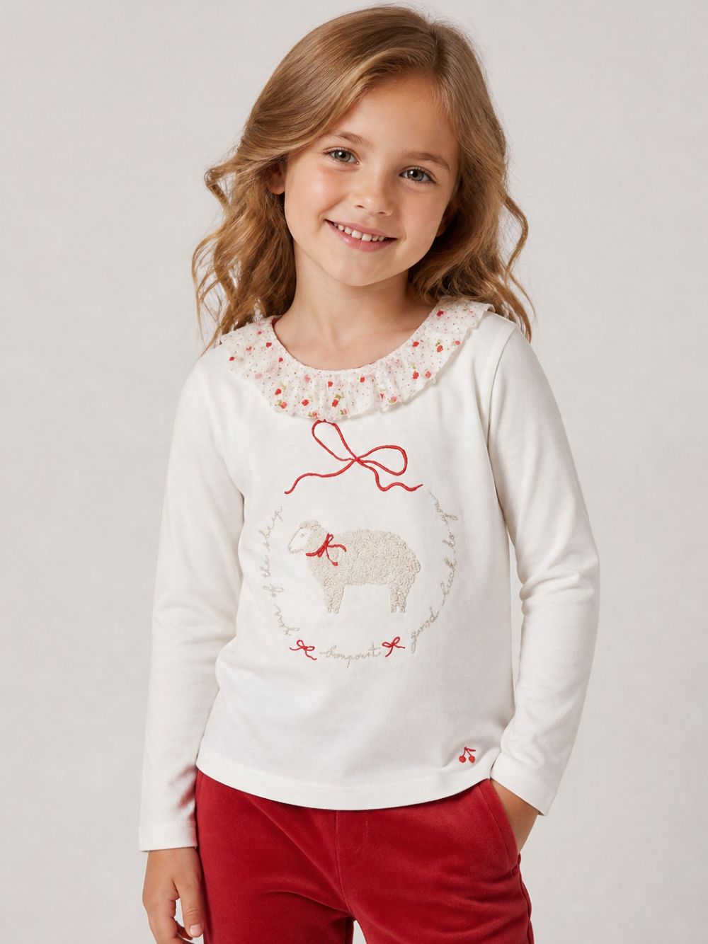 T-shirt per bambina Bonpoint Kids bianca con dettagli a volant e motivo pecorella N06GTSK00002 102 BONPOINT KIDS