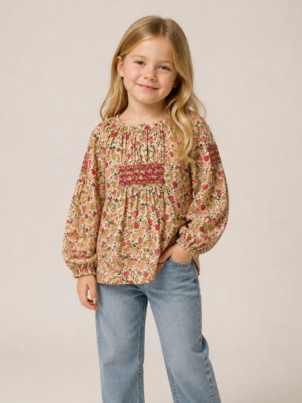 Blusa per bambina Bonpoint Kids beige con stampa a fiori all-over W06GBLW00014 524A BONPOINT KIDS