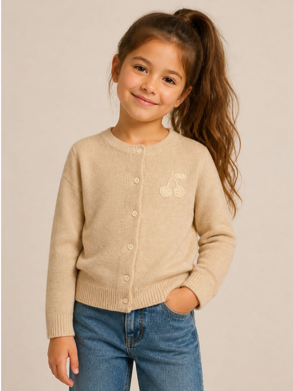 Cardigan per bambina Bonpoint Kids beige con logo ciliegia W06GCAK00010 063A BONPOINT KIDS