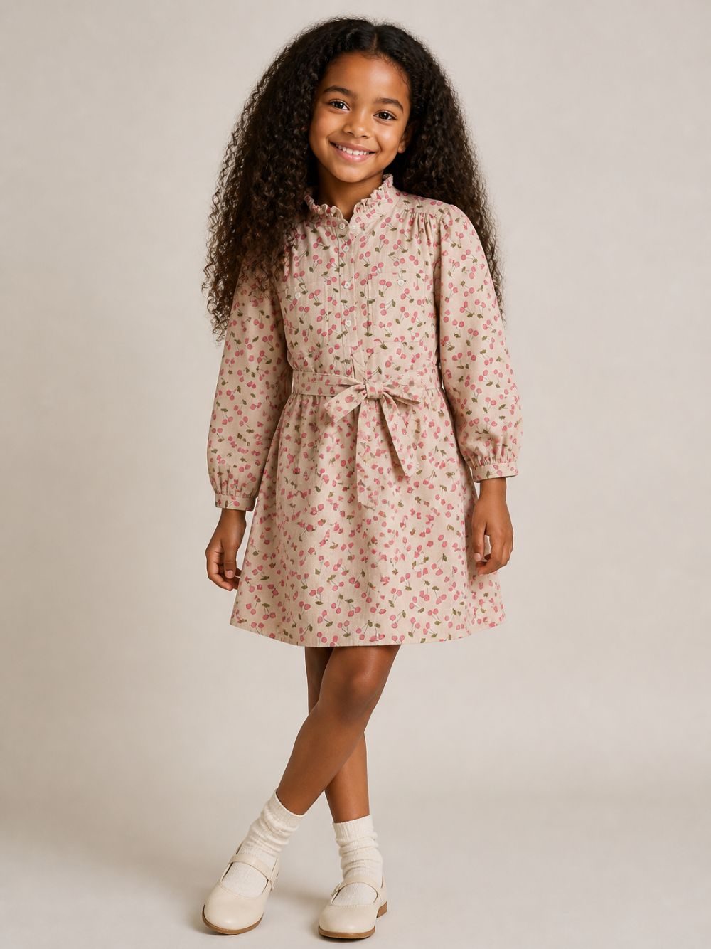 Abito per bambina Bonpoint Kids beige con stampa Cherry all-over W06GDRW00016 609 BONPOINT KIDS