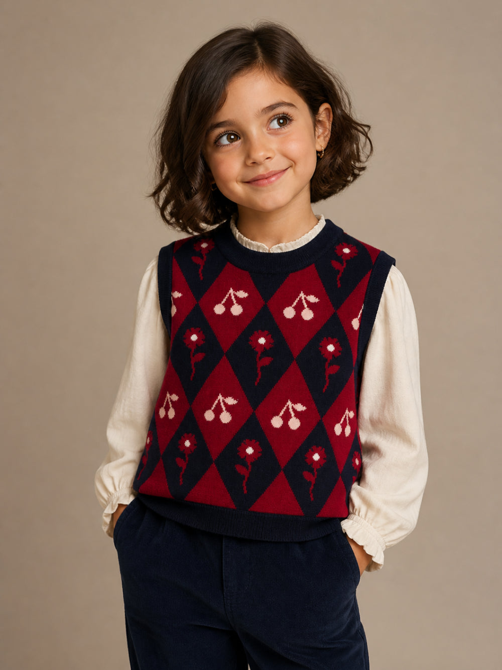 Gilet per bambina Bonpoint Kids blu con intarsi con rombi W06GJUK00004 970A BONPOINT KIDS