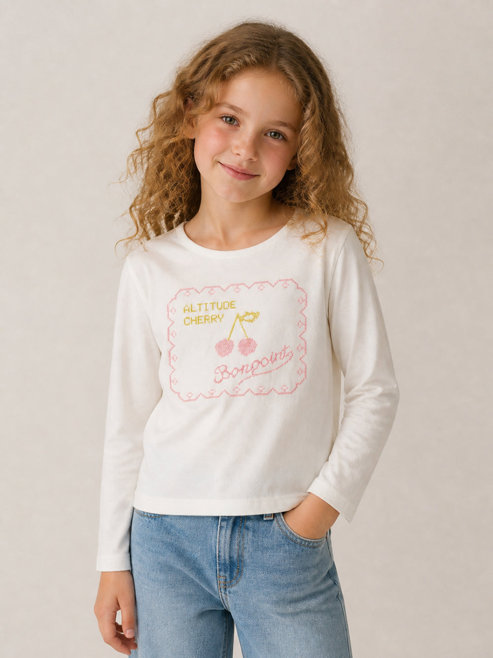 T-shirt per bambina Bonpoint Kids beige con ricamo sul davanti W06GTSK00016 102 BONPOINT KIDS