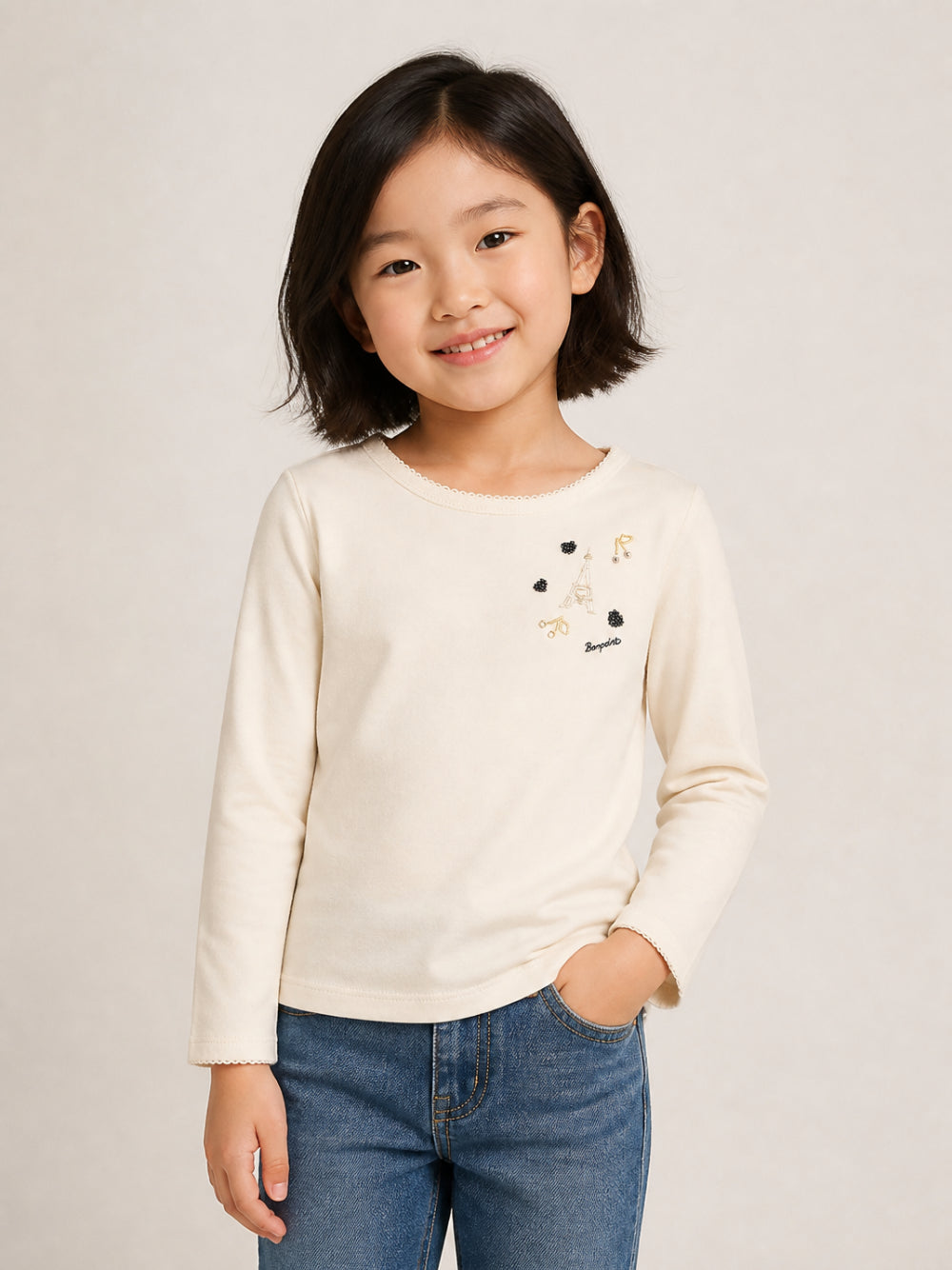 T-shirt per bambina Bonpoint Kids beige con applicazione W06GTSK00022 102 BONPOINT KIDS