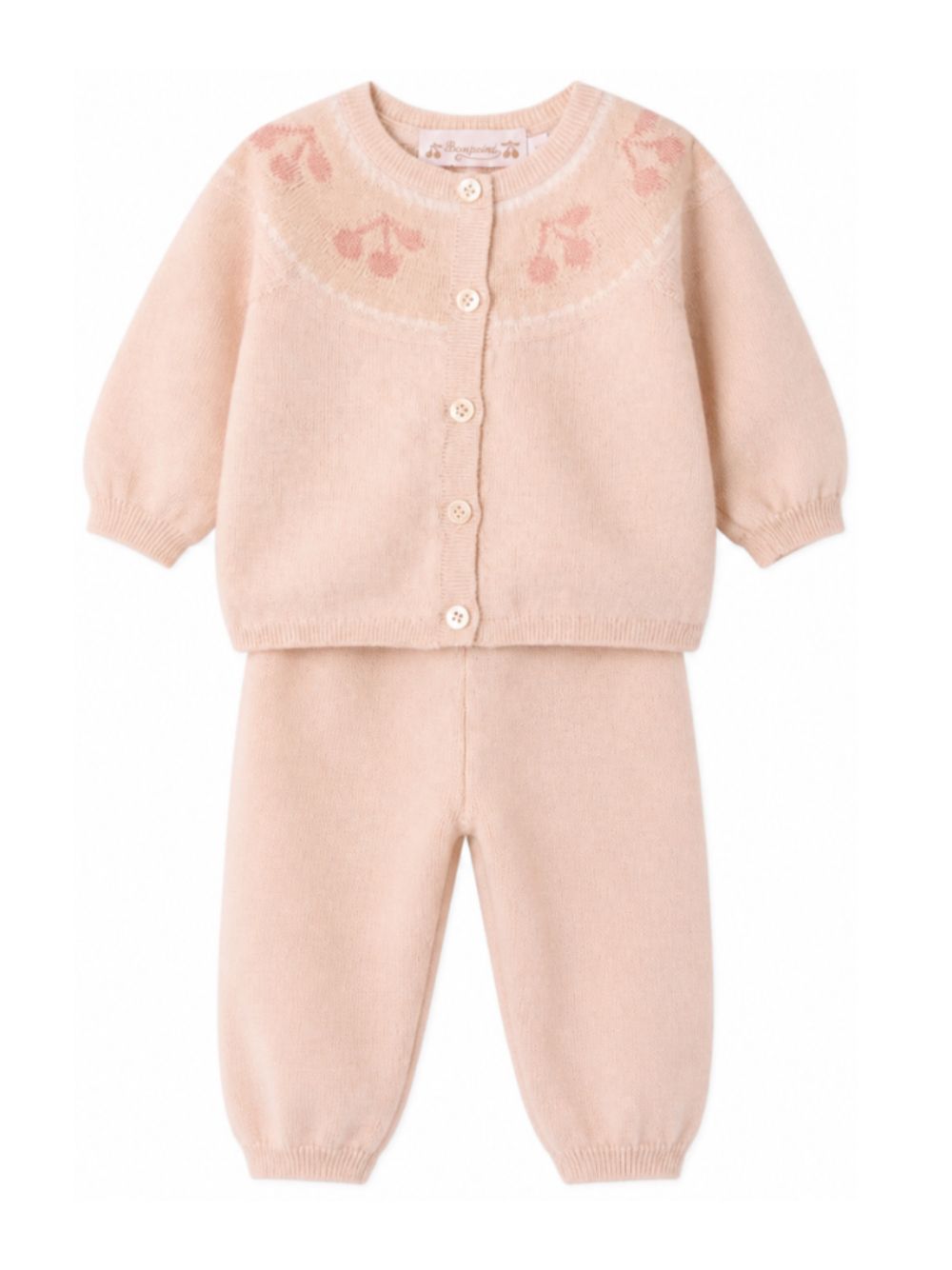 Set cardigan e pantaloni per neonata Bonpoint Kids rosa con ricamo ciliegie W06NSEK00020 923 BONPOINT KIDS