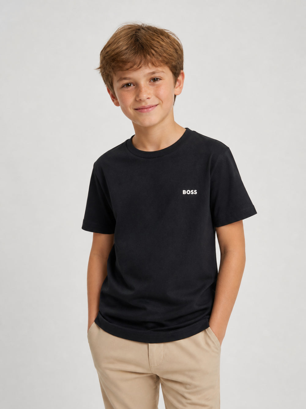T-shirt con logo goffrato per bambino BOSS Kidswear blu a girocollo J25P23 849 BOSS KIDS