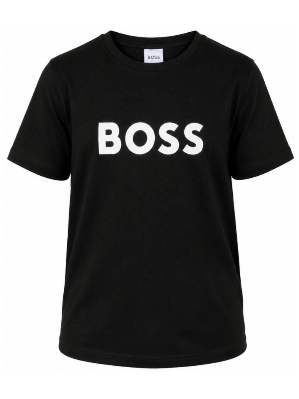 T-shirt per bambino BOSS Kids nera con logo goffrato bianco J25P24 09B BOSS KIDS
