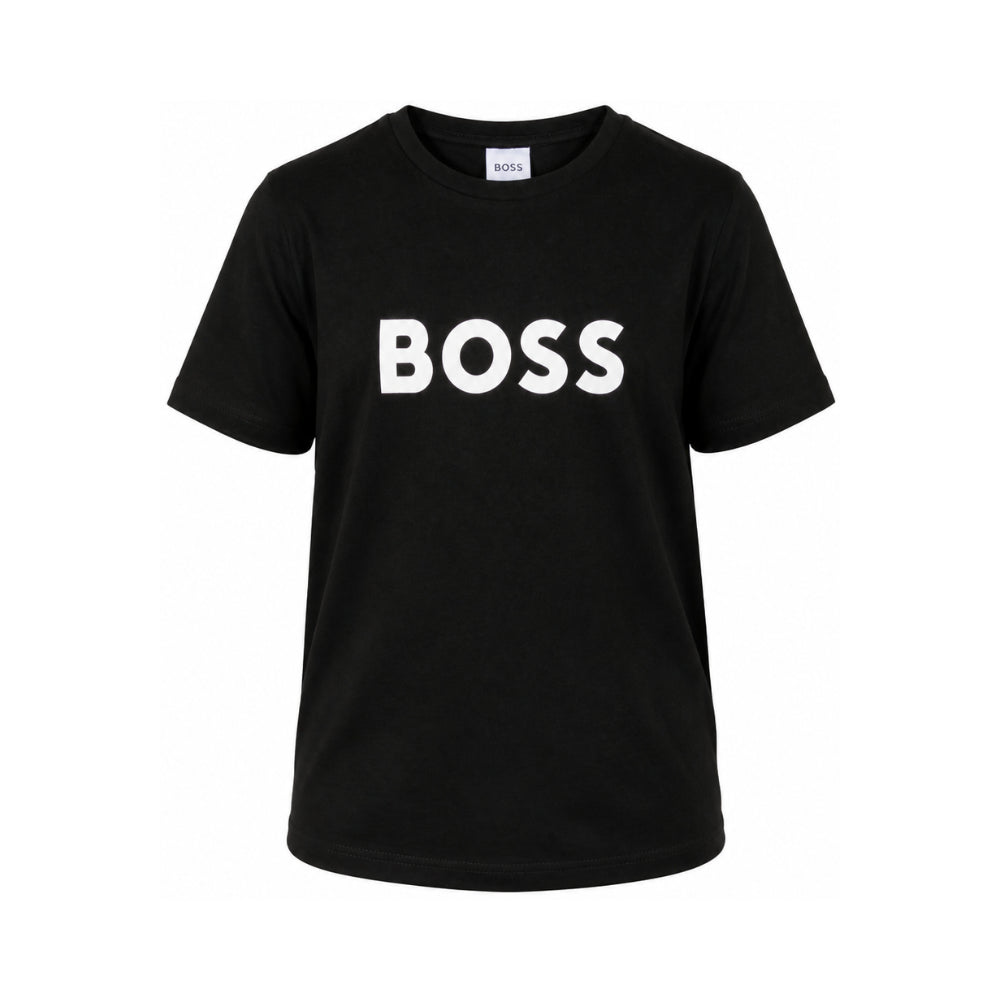 T-shirt per bambino BOSS Kids nera con logo goffrato bianco J25P24 09B BOSS KIDS