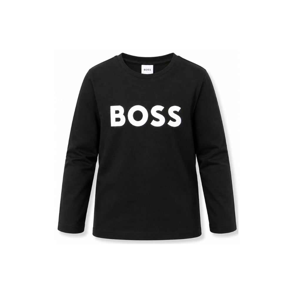 T-shirt per bambino Boss Kids nera con stampa logo sul davanti J25P25 09B BOSS KIDS