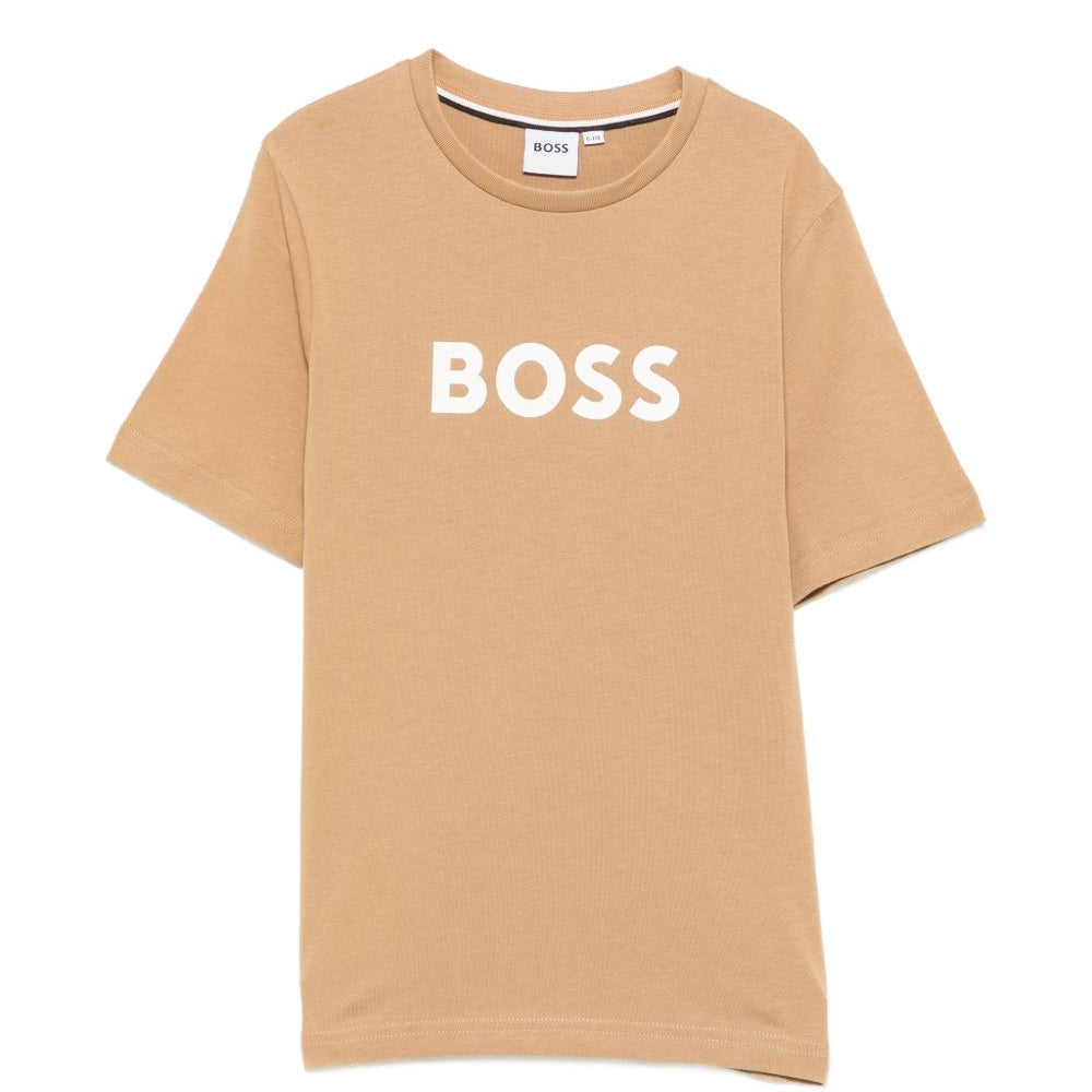 T-shirt per bambino Boss Kids beige con stampa logo frontale J52711 269 BOSS KIDS