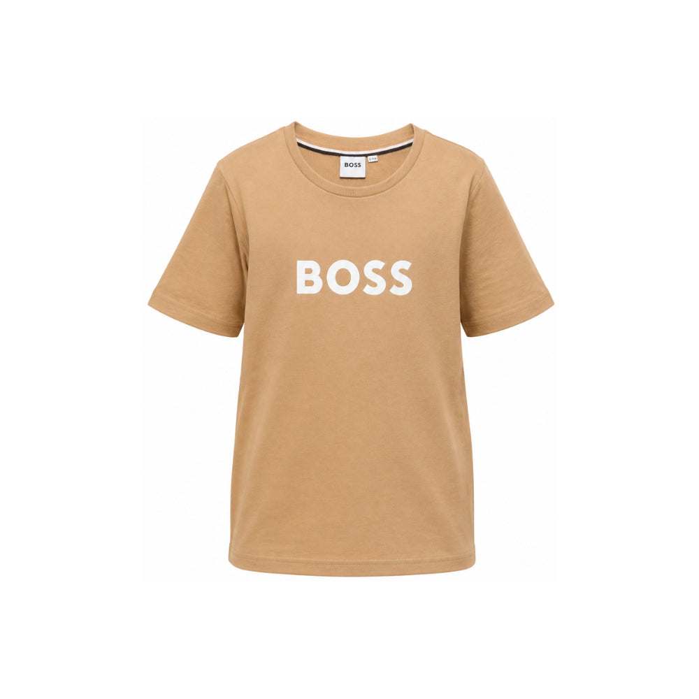 T-shirt per bambino Boss Kids beige con stampa logo frontale J52711 269 BOSS KIDS