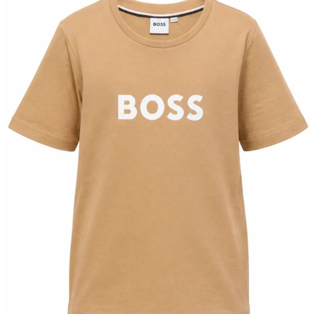 T-shirt per bambino Boss Kids beige con stampa logo frontale J52711 269 BOSS KIDS