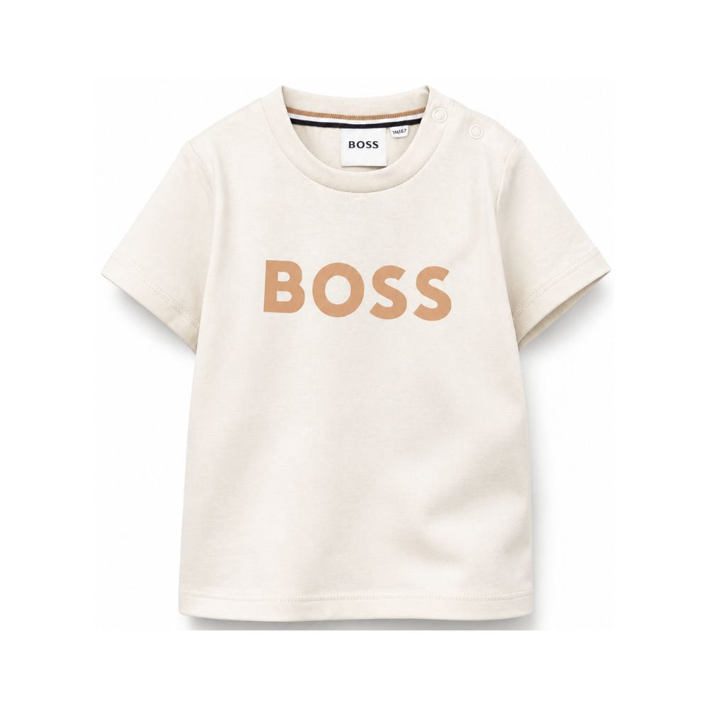T-shirt per neonato Boss Kids beige con stampa logo sul davanti J52712 21C BOSS KIDS