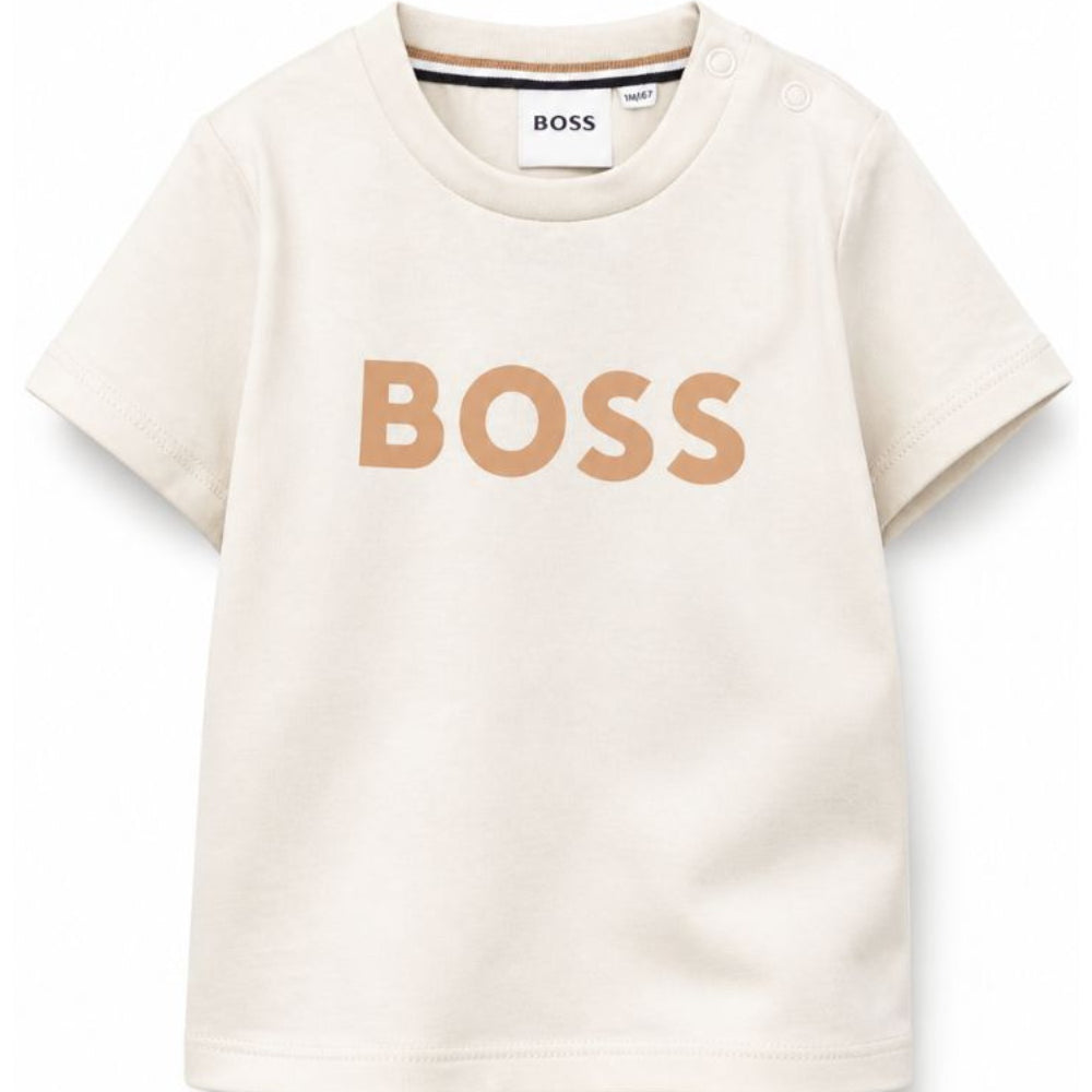 T-shirt per neonato Boss Kids beige con stampa logo sul davanti J52712 21C BOSS KIDS