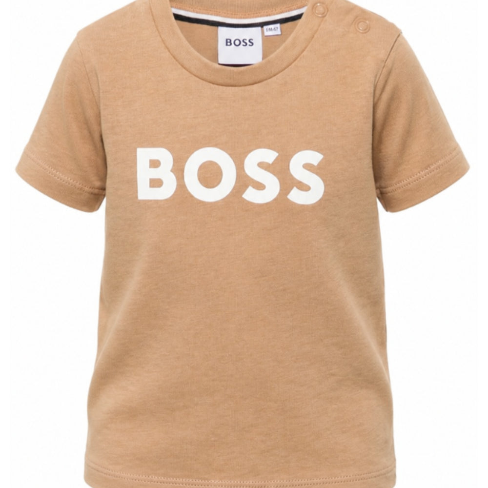 T-shirt per neonato Boss Kids beige con stampa logo sul davanti J52712 269 BOSS KIDS