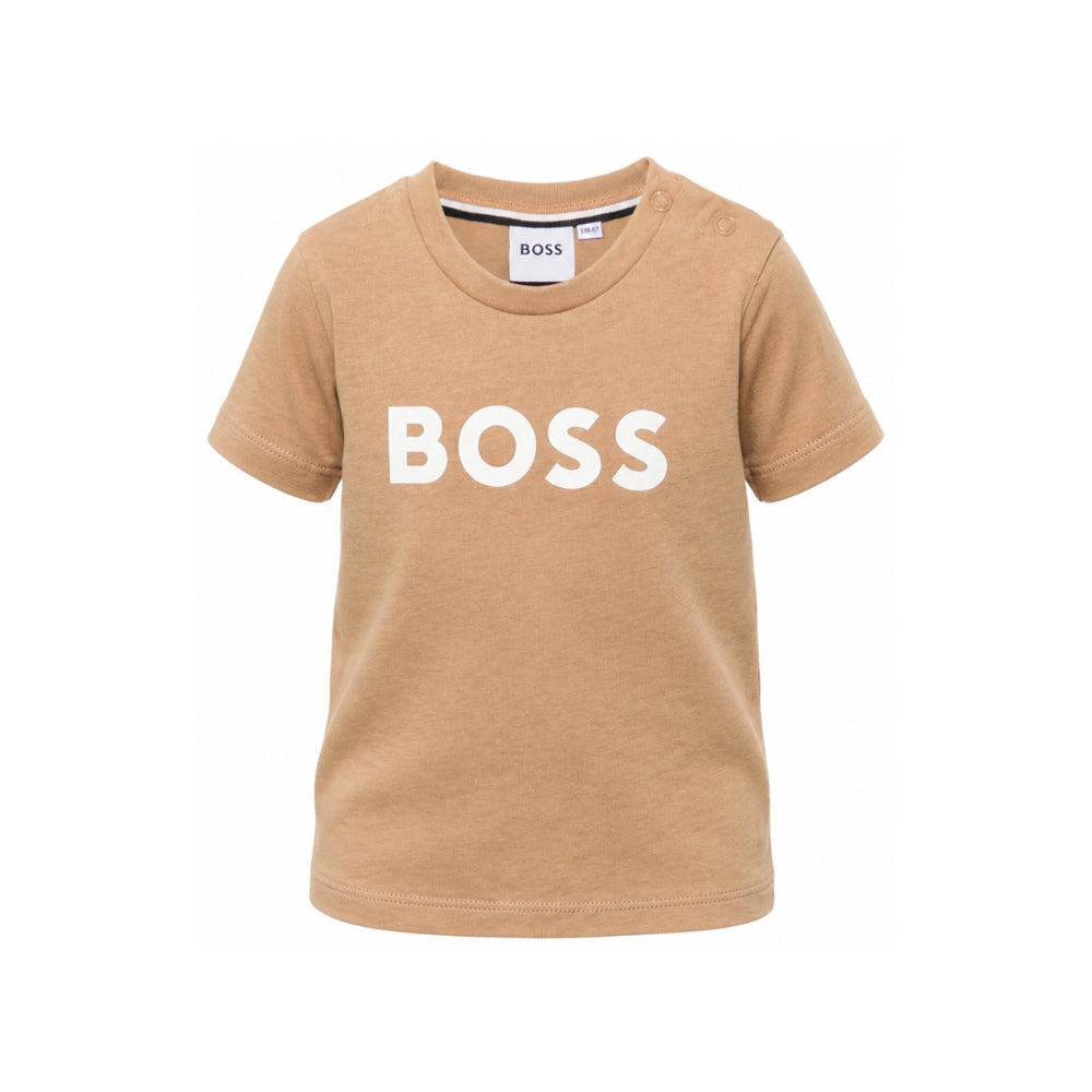 T-shirt per neonato Boss Kids beige con stampa logo sul davanti J52712 269 BOSS KIDS