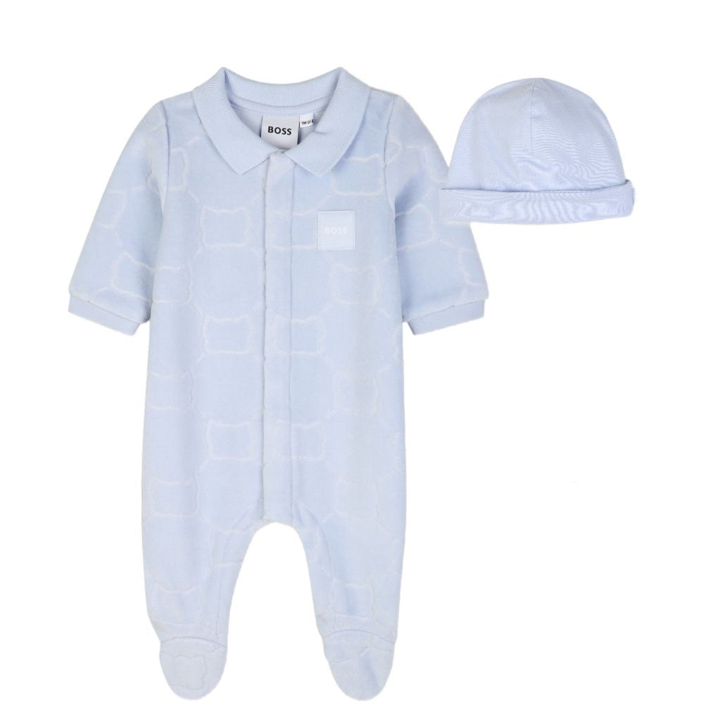 Tutina e cappellino per neonato Boss Kids azzurra con motivo jacquard J53290 771 BOSS KIDS