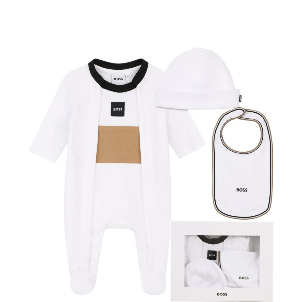 Tutina, berretto e bavaglino per neonato Boss Kids bianco inserto color-block J53292 10P BOSS KIDS