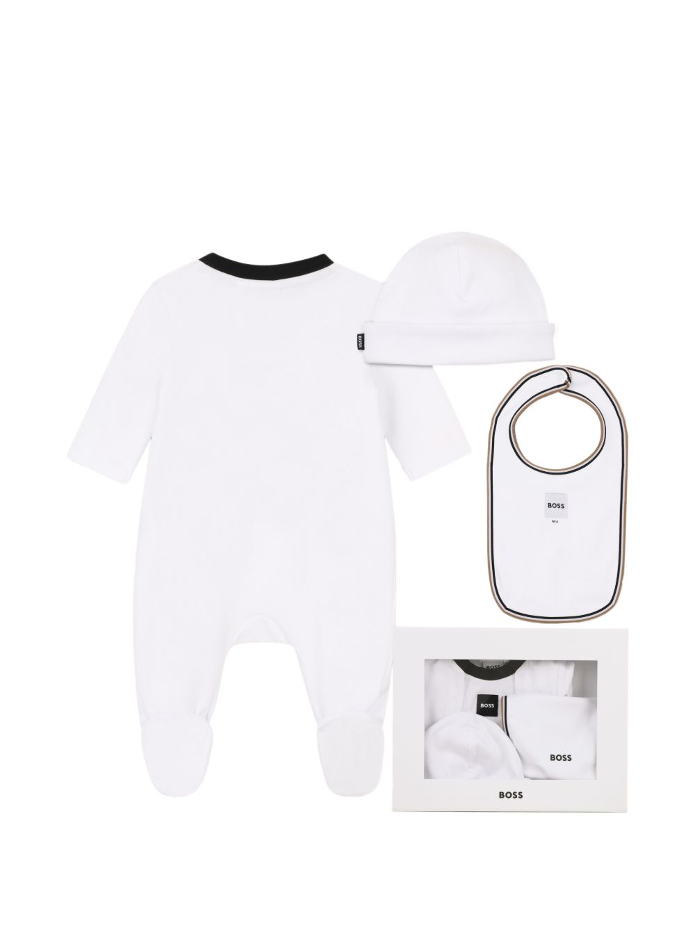 Tutina, berretto e bavaglino per neonato Boss Kids bianco inserto color-block J53292 10P BOSS KIDS
