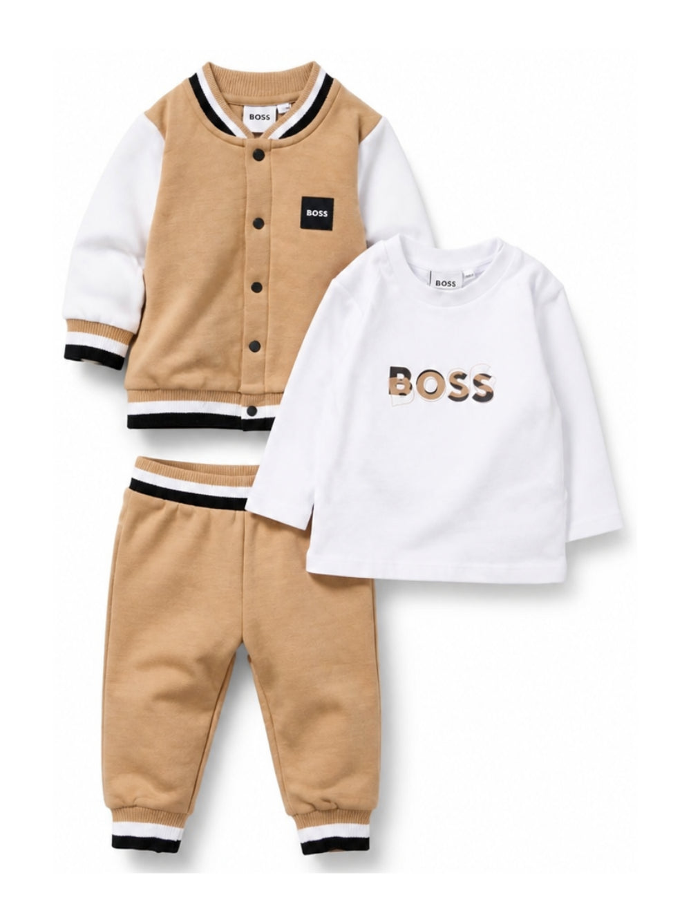 Set tre pezzi per neonato Boss Kids beige con logo sul davanti J53305 269 BOSS KIDS