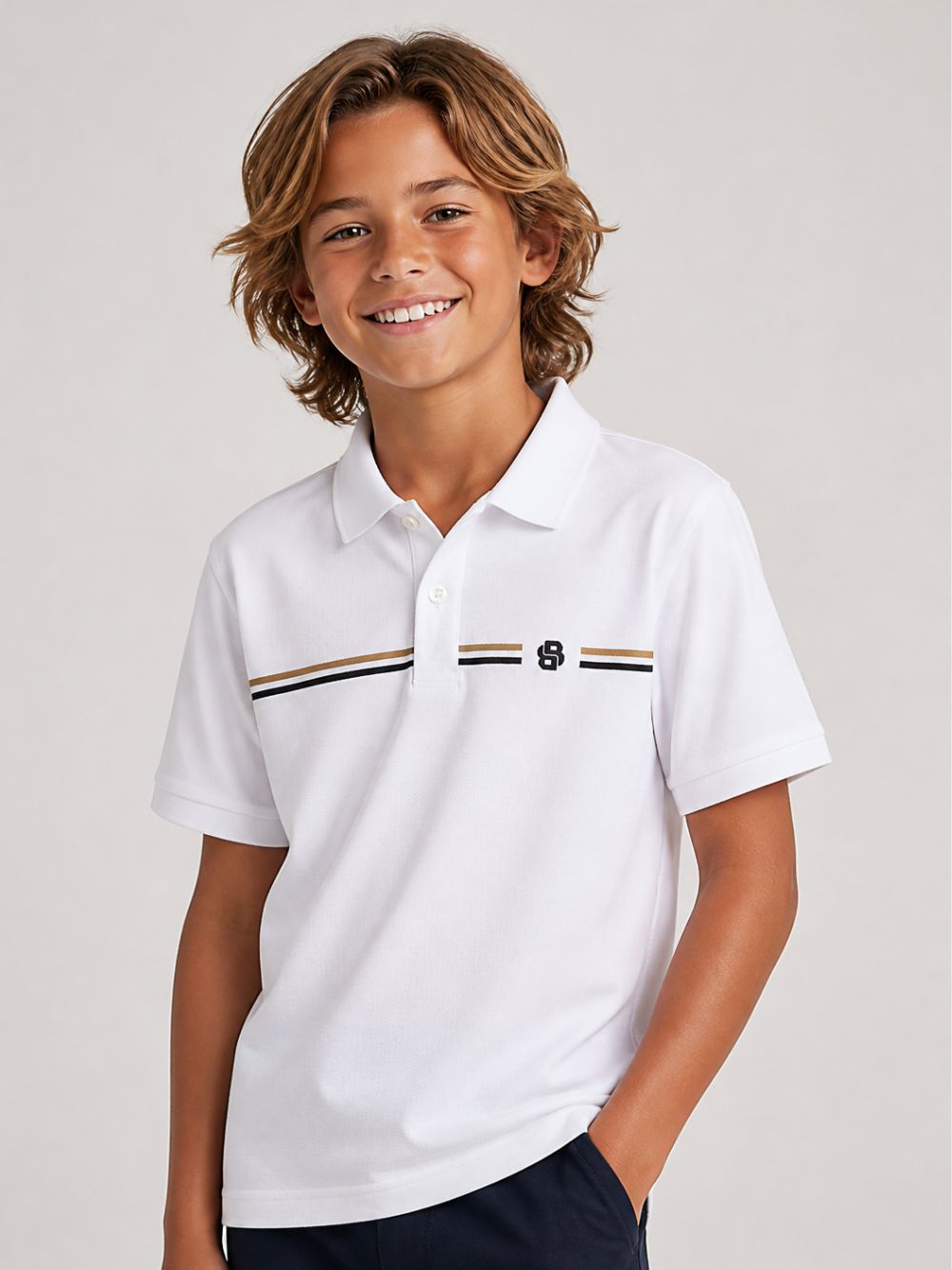 T-shirt per bambino Boss Kids bianca con motivo a righe orizzontali J53384 10P BOSS KIDS