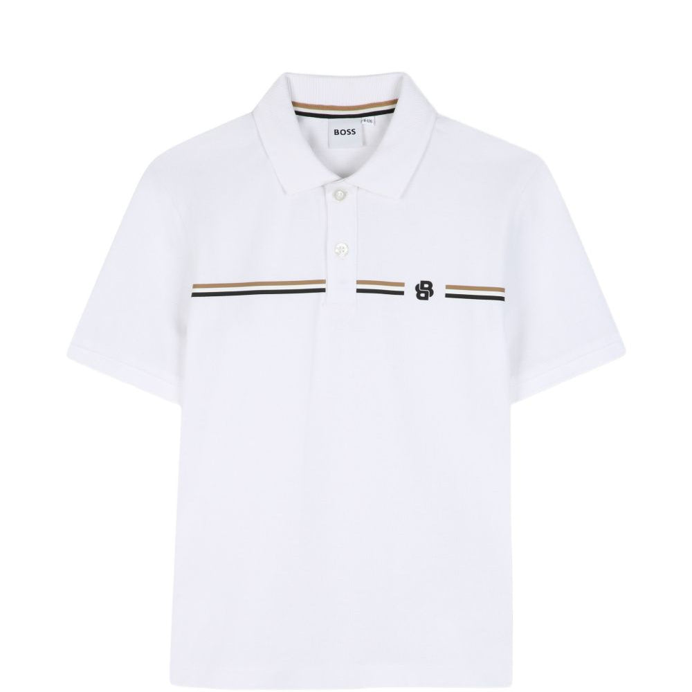 T-shirt per bambino Boss Kids bianca con motivo a righe orizzontali J53384 10P BOSS KIDS