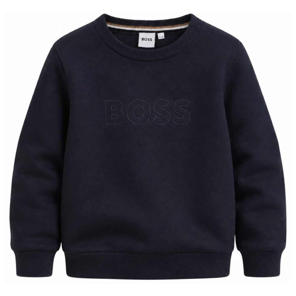Maglione per bambino Boss Kids blu con logo ricamato sul davanti J53388 849 BOSS KIDS