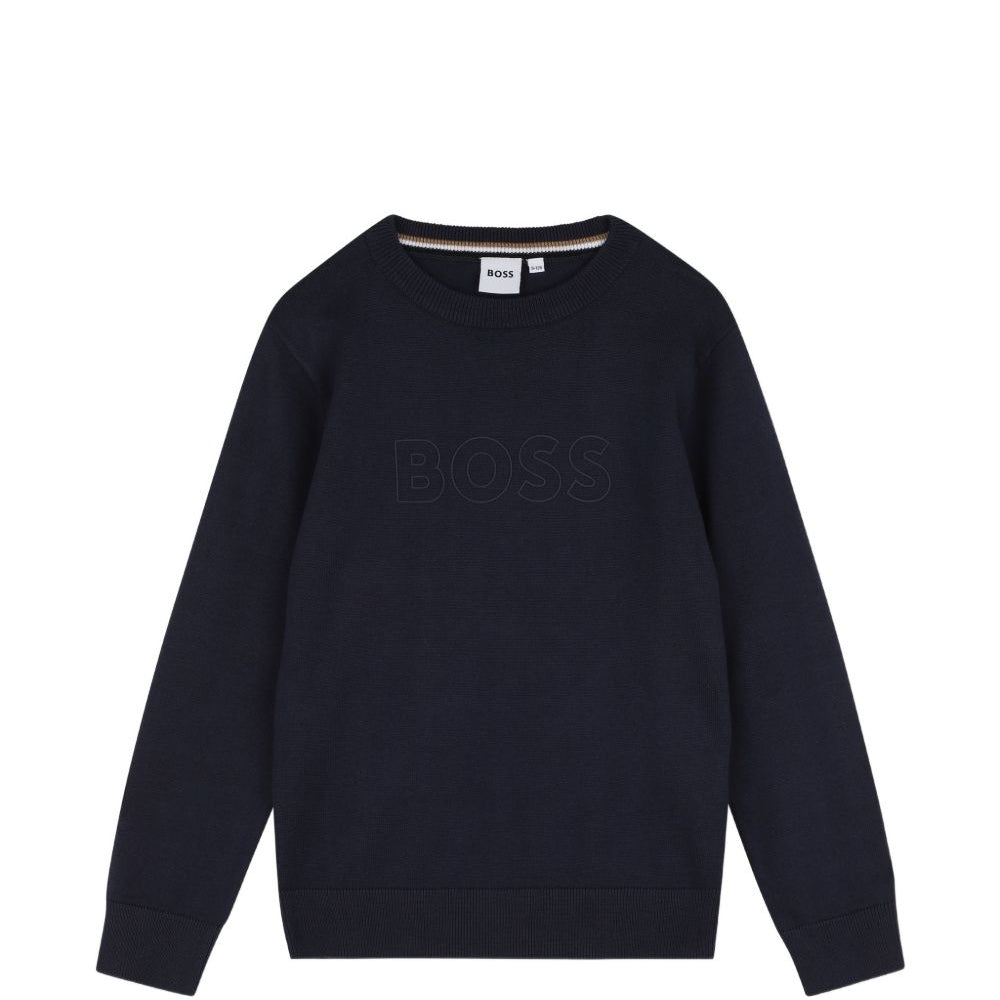 Maglione per bambino Boss Kids blu con logo ricamato sul davanti J53388 849 BOSS KIDS