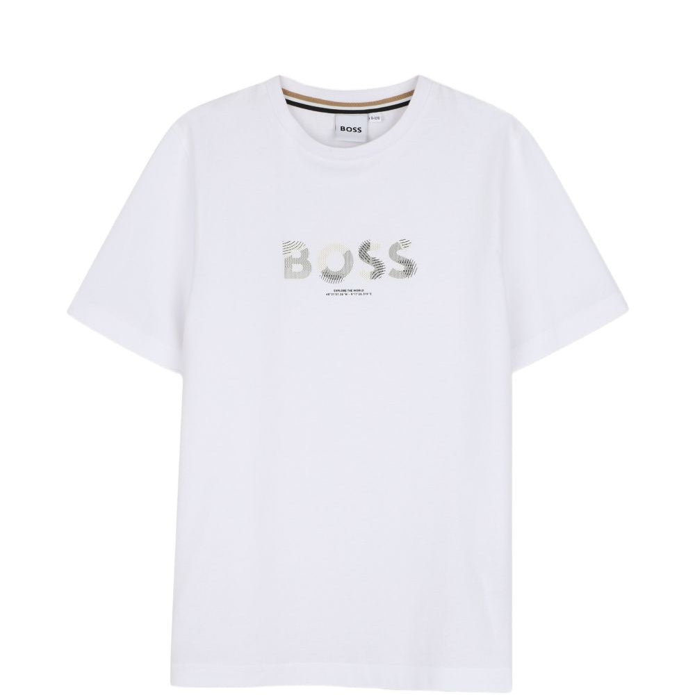 T-shirt per bambino Boss Kids bianca con logo sul davanti J53404 10P BOSS KIDS