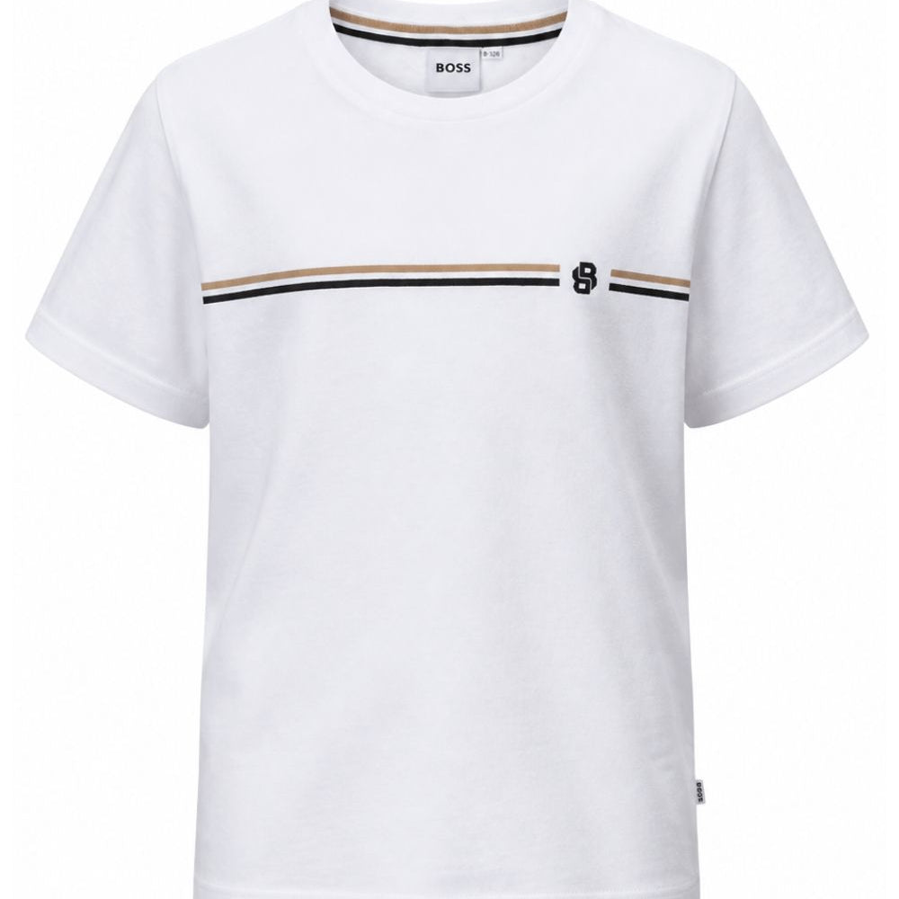 T-shirt per bambino Boss Kids bianca con motivo a righe orizzontali J53412 10P BOSS KIDS